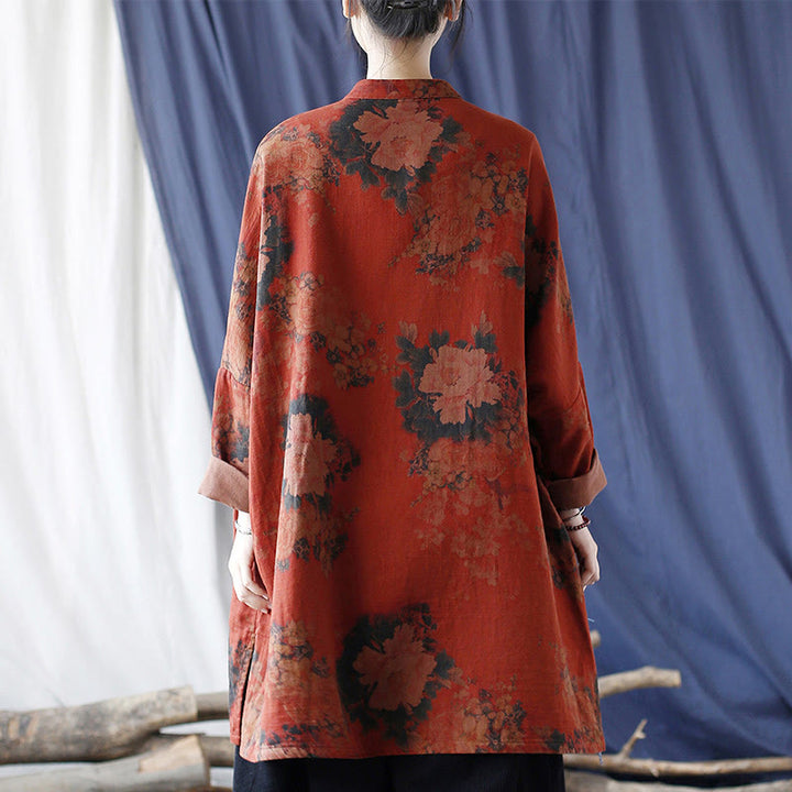 Buddha Stones Orange Peony Flower Cotton Linen Frog-Button Open Front Jacket With Pockets - image 3