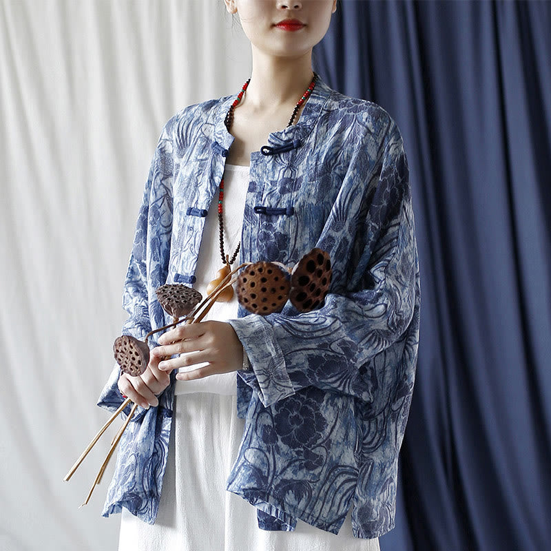 Buddha Stones Retro Blue White Flowers Frog-Button Design Long Sleeve Ramie Linen Jacket Shirt - image 26
