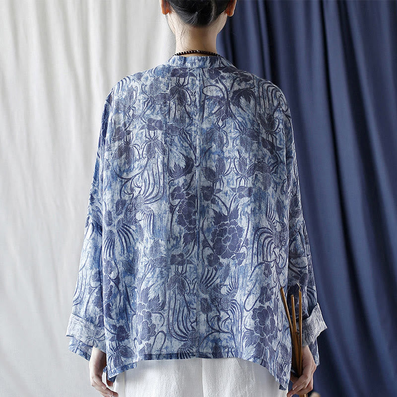 Buddha Stones Retro Blue White Flowers Frog-Button Design Long Sleeve Ramie Linen Jacket Shirt - image 3