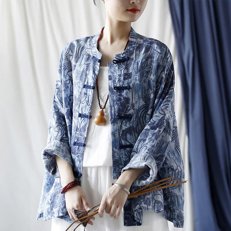 Buddha Stones Retro Blue White Flowers Frog-Button Design Long Sleeve Ramie Linen Jacket Shirt - image 27