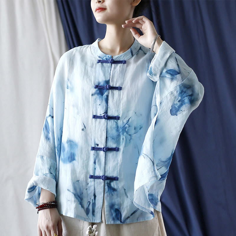 Buddha Stones Tie Dye Blue Flowers Frog-Button Design Long Sleeve Ramie Linen Jacket Shirt - image 14