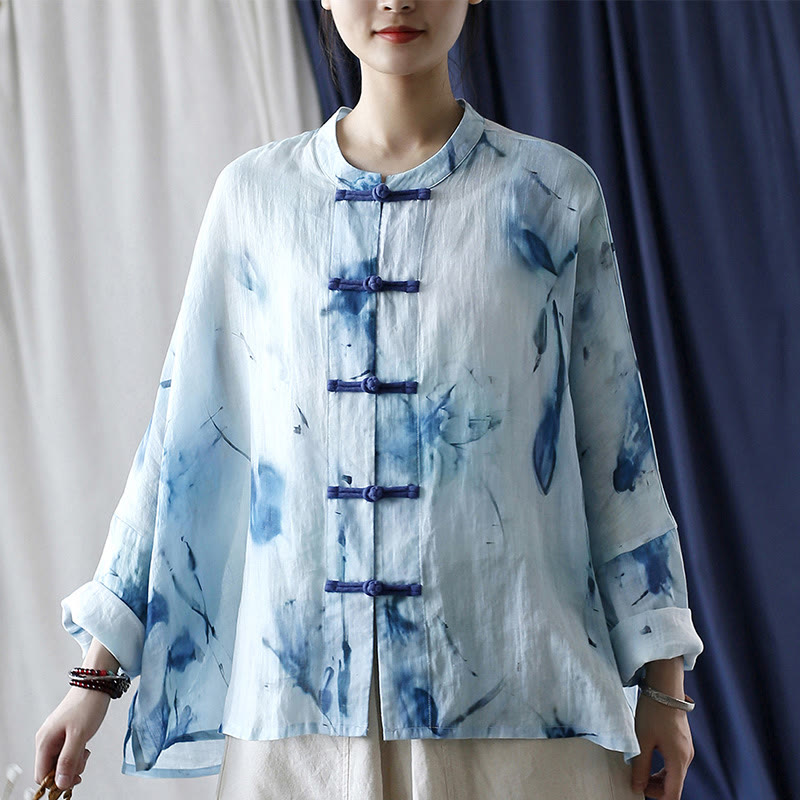 Buddha Stones Tie Dye Blue Flowers Frog-Button Design Long Sleeve Ramie Linen Jacket Shirt - image 1
