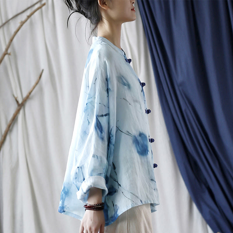 Buddha Stones Tie Dye Blue Flowers Frog-Button Design Long Sleeve Ramie Linen Jacket Shirt - image 4