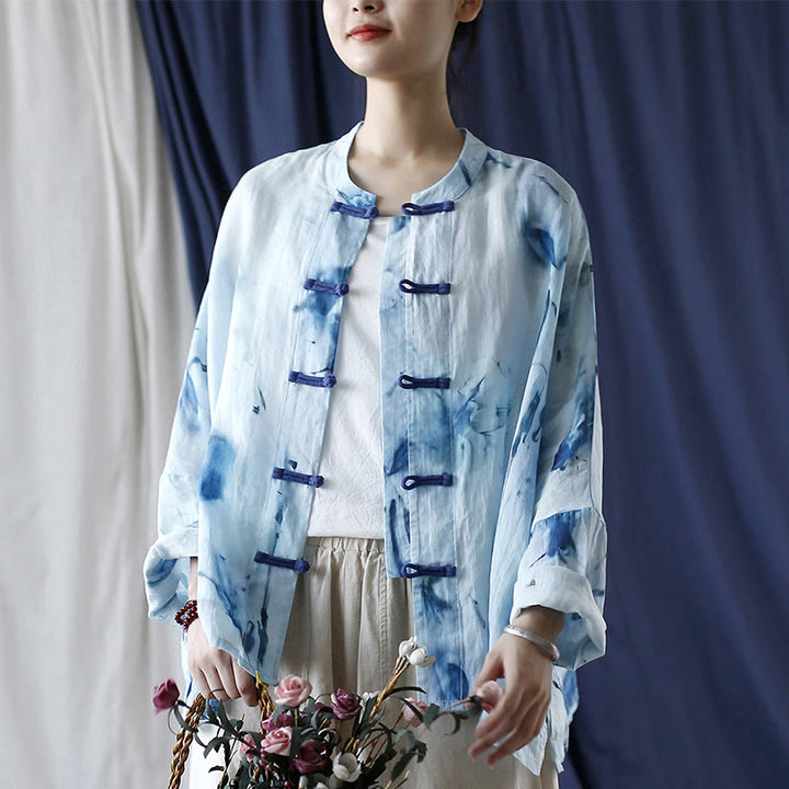 Buddha Stones Tie Dye Blue Flowers Frog-Button Design Long Sleeve Ramie Linen Jacket Shirt - F(Bust 174cm/Shoulder 99cm/Length 60cm)(Jacket Only) - image 0