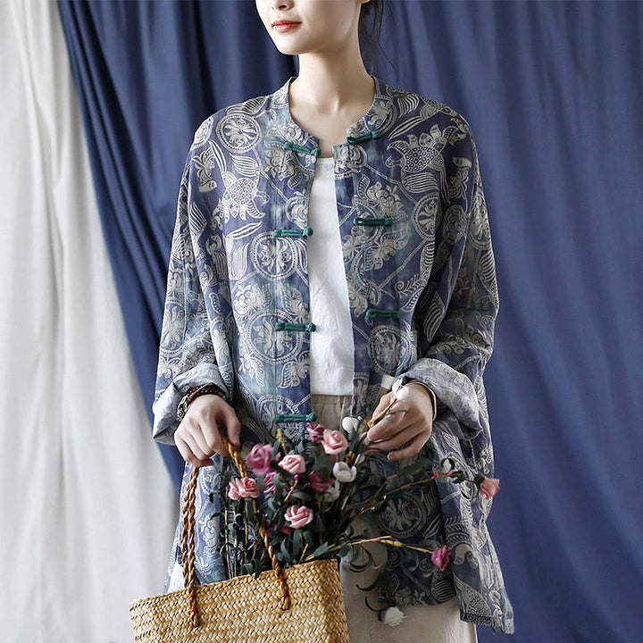 Buddha Stones Birds Flowers Geometry Frog-Button Long Sleeve Ramie Linen Jacket Shirt - image 16