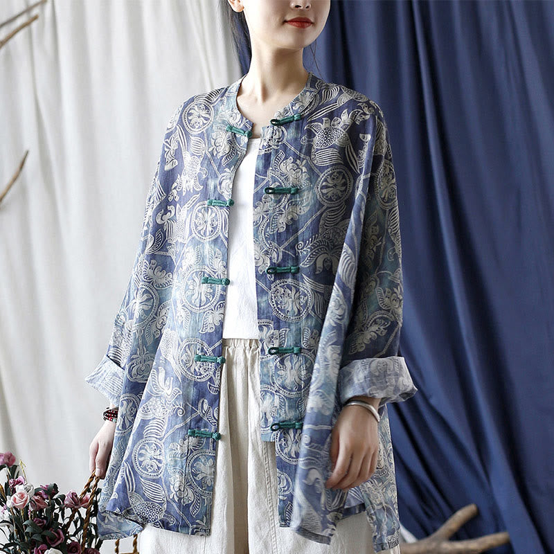 Buddha Stones Birds Flowers Geometry Frog-Button Long Sleeve Ramie Linen Jacket Shirt - image 5