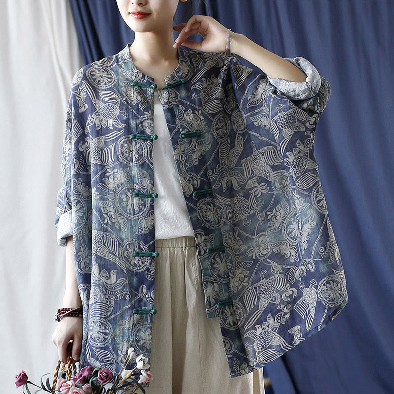 Buddha Stones Birds Flowers Geometry Frog-Button Long Sleeve Ramie Linen Jacket Shirt - image 24