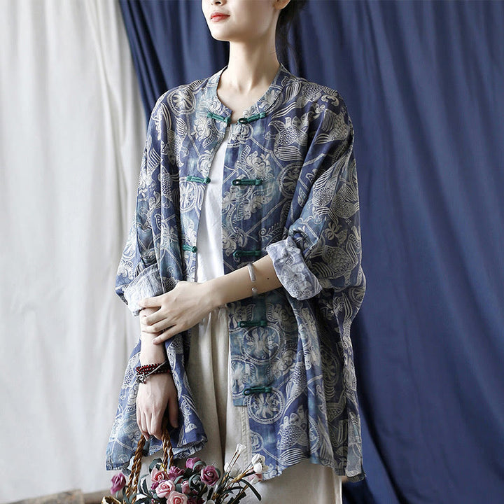 Buddha Stones Birds Flowers Geometry Frog-Button Long Sleeve Ramie Linen Jacket Shirt - image 25