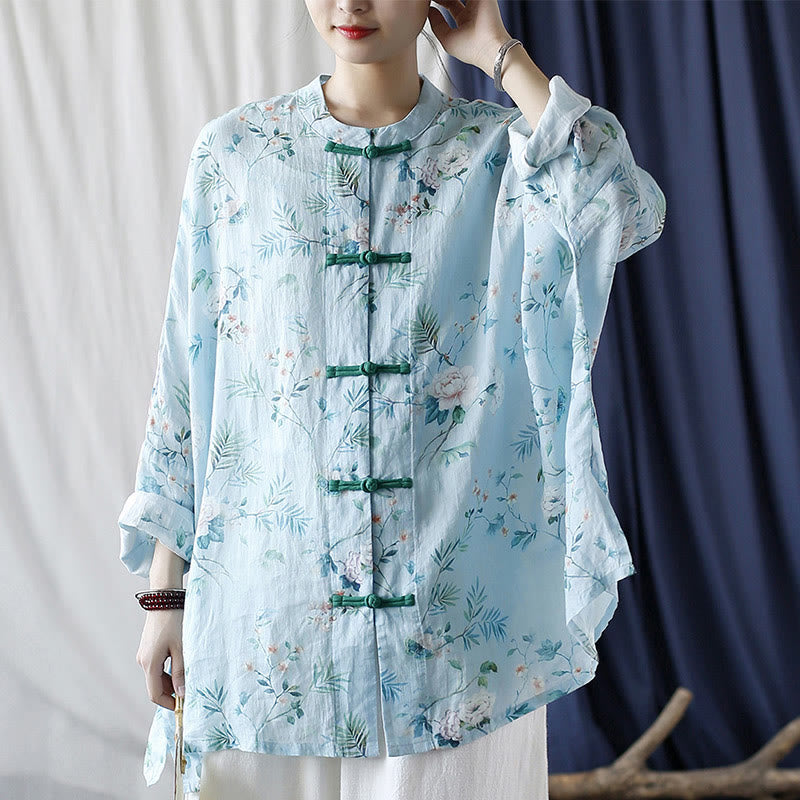 Buddha Stones Light Green Pink Flowers Green Leaves Frog-Button Long Sleeve Ramie Linen Jacket Shirt - image 21