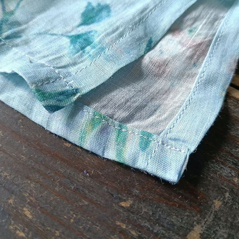 Buddha Stones Light Green Pink Flowers Green Leaves Frog-Button Long Sleeve Ramie Linen Jacket Shirt - image 15