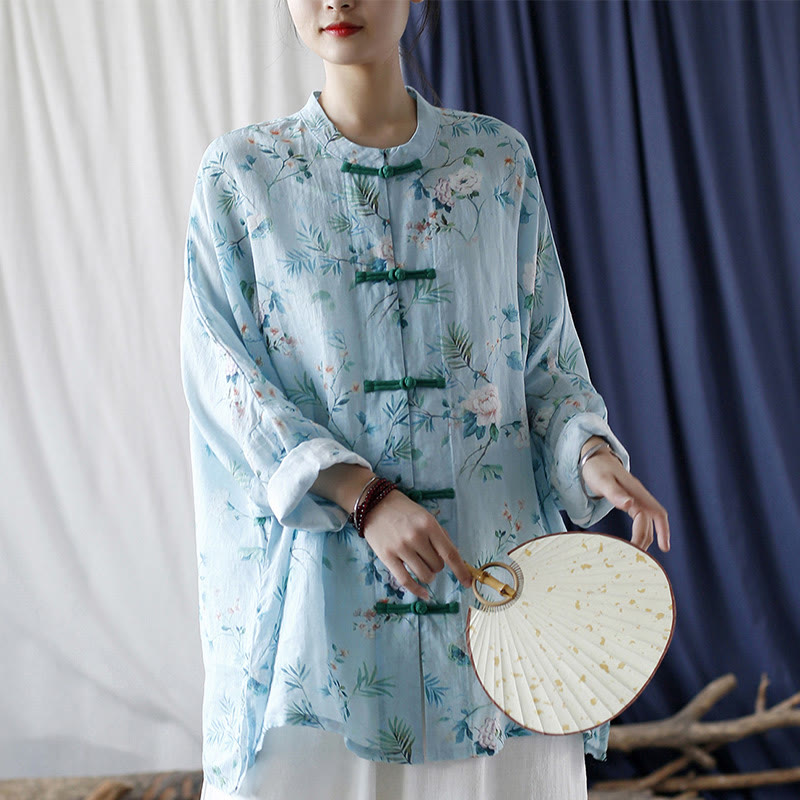 Buddha Stones Light Green Pink Flowers Green Leaves Frog-Button Long Sleeve Ramie Linen Jacket Shirt - image 31