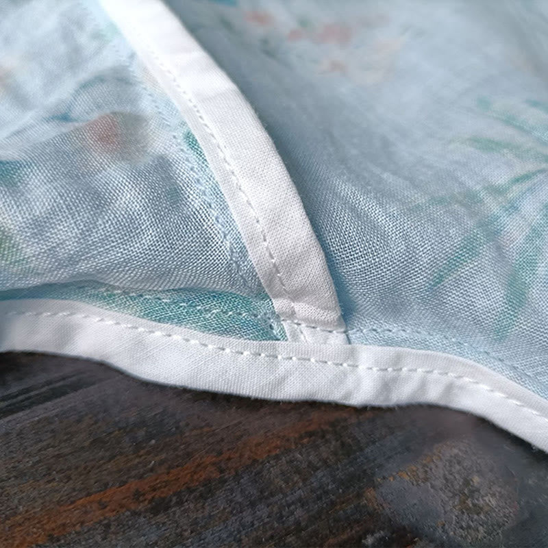 Buddha Stones Light Green Pink Flowers Green Leaves Frog-Button Long Sleeve Ramie Linen Jacket Shirt - image 13