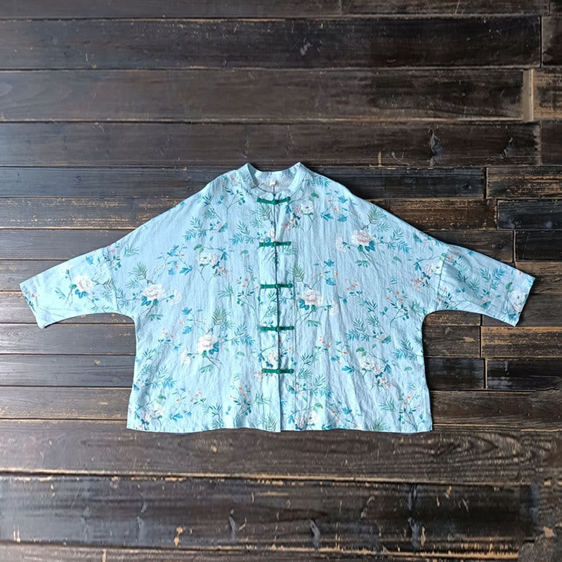 Buddha Stones Light Green Pink Flowers Green Leaves Frog-Button Long Sleeve Ramie Linen Jacket Shirt - image 16