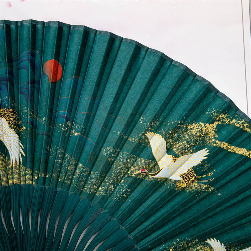 Buddha Stones Flying White Crane Sun Cloud Handheld Silk Bamboo Folding Fan 22cm - image 5