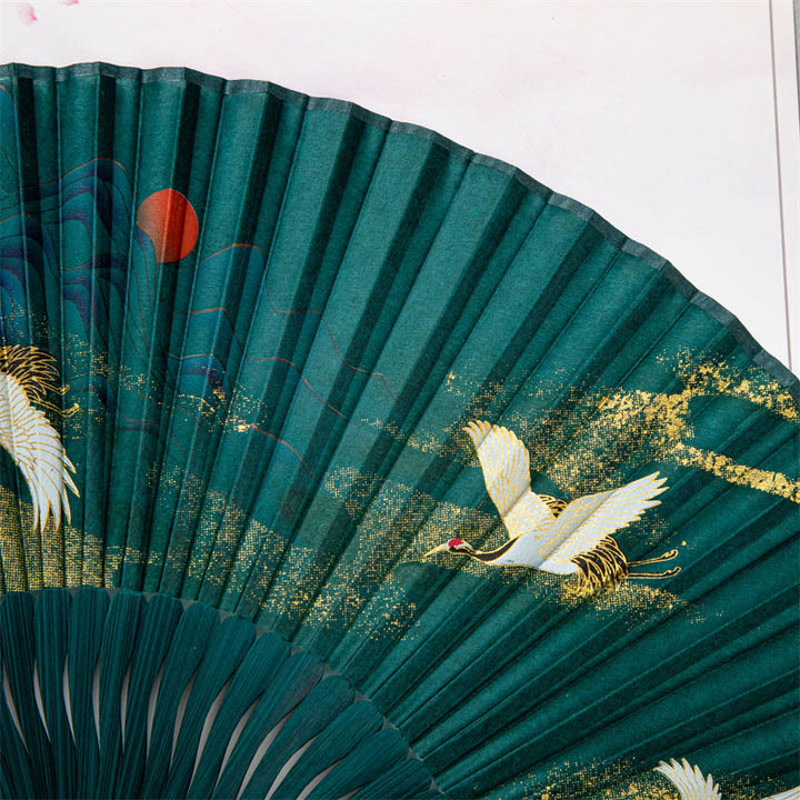 Buddha Stones Flying White Crane Sun Cloud Handheld Silk Bamboo Folding Fan 22cm - image 5