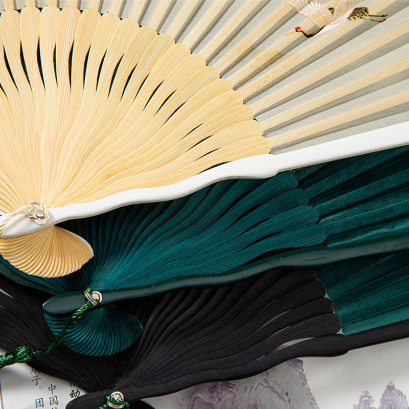 Buddha Stones Flying White Crane Sun Cloud Handheld Silk Bamboo Folding Fan 22cm - image 10