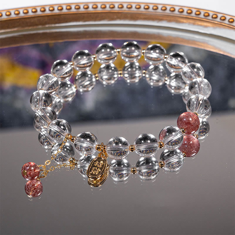 Buddha Stones White Crystal Strawberry Quartz Healing Attract Fortune Charm Bracelet - image 1