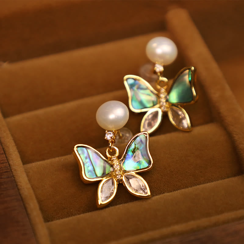 Buddha Stones 18K Gold Plated Copper Natural Shell Pearl Butterfly Sincerity Stud Earrings - image 0