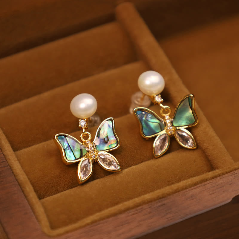 Buddha Stones 18K Gold Plated Copper Natural Shell Pearl Butterfly Sincerity Stud Earrings - Natural Abalone Shell - White Pearl(925 Sterling Silver Posts) - image 1