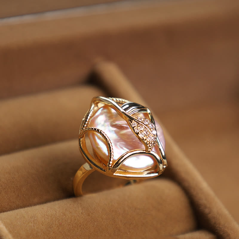 Buddha Stones Pearl Copper Plated Gold Flower Happiness Wealth Ring - image 3