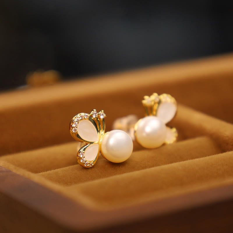 Buddha Stones 925 Sterling Silver Posts 18K Gold Plated Copper Natural Pearl Butterfly Zircon Healing Stud Earrings - image 2