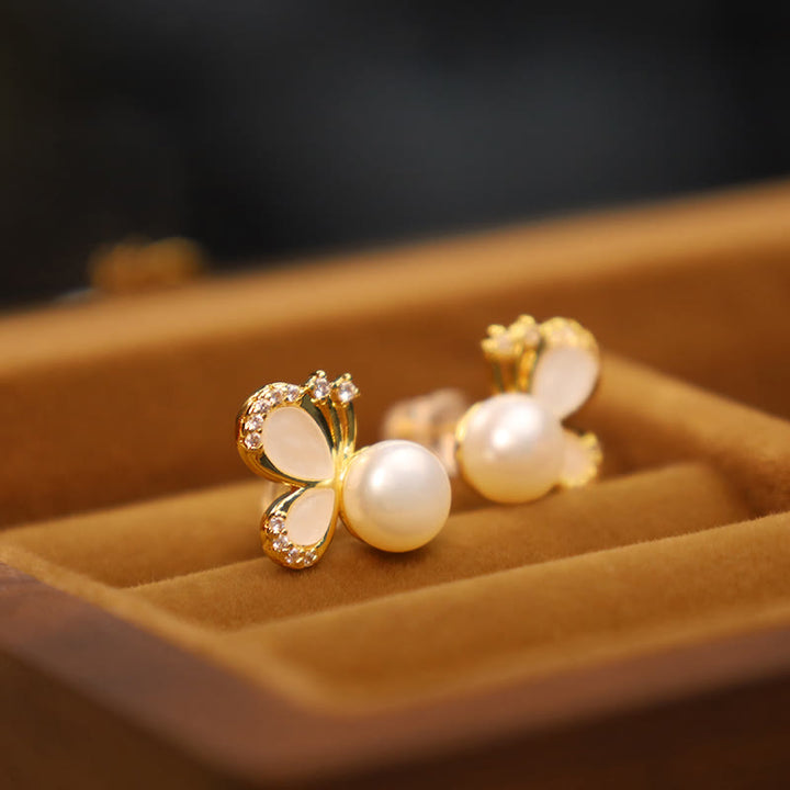Buddha Stones 925 Sterling Silver Posts 18K Gold Plated Copper Natural Pearl Butterfly Zircon Healing Stud Earrings - image 2