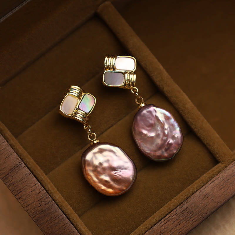 Buddha Stones 925 Sterling Silver Posts Copper Plated Gold Natural Baroque Pearl Healing Drop Earrings - Purple Baroque Pearl (925 Sterling Silver Posts) - image 0