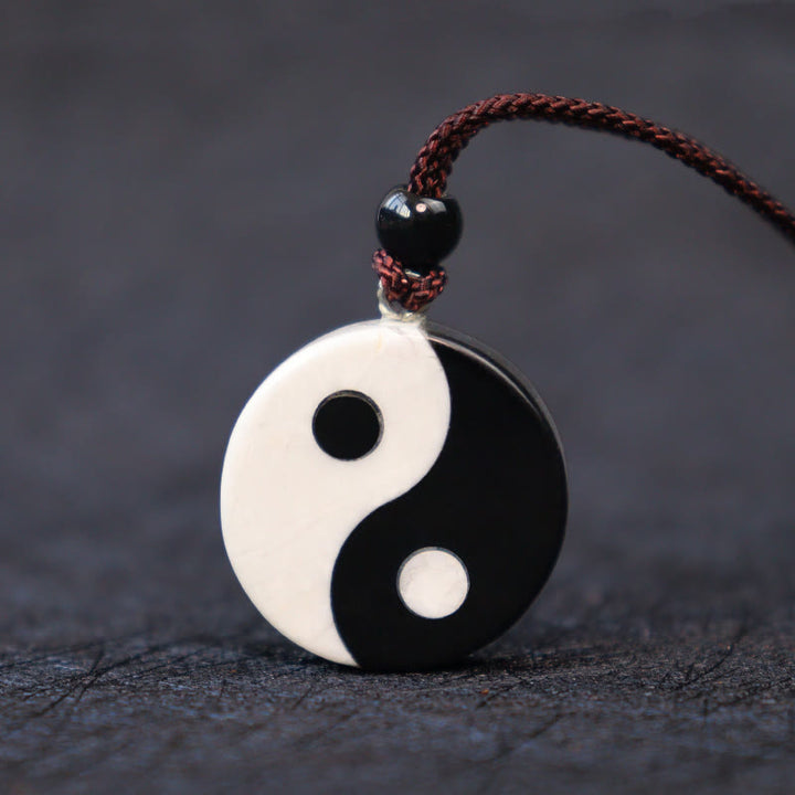 Buddha Stones Natural Black Obsidian White Turquoise Yin Yang Fulfilment Strength Necklace Pendant - Black Obsidian White Turquoise - image 0