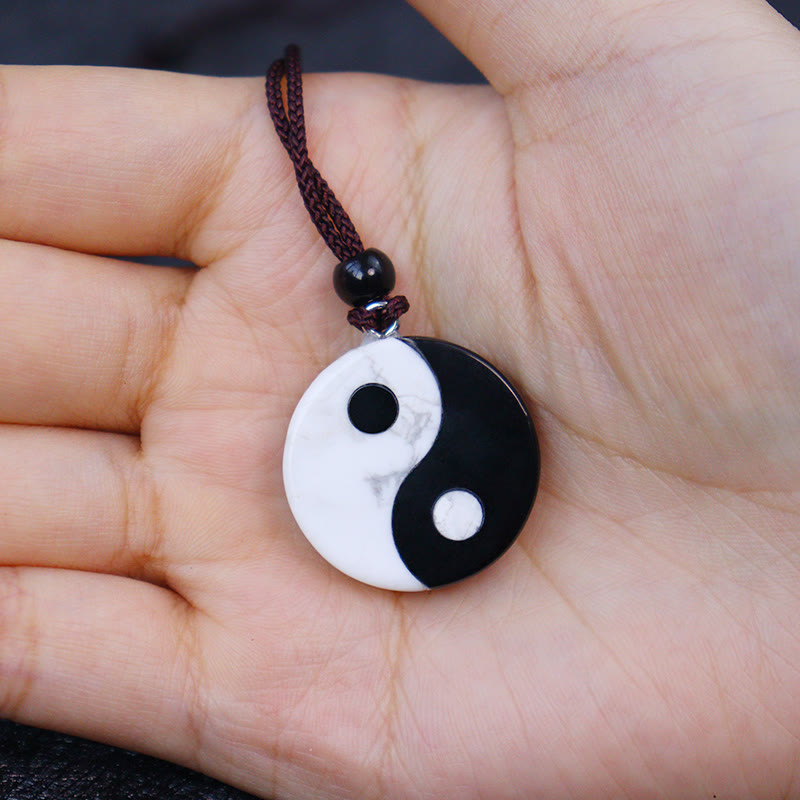 Buddha Stones Natural Black Obsidian White Turquoise Yin Yang Fulfilment Strength Necklace Pendant - image 6