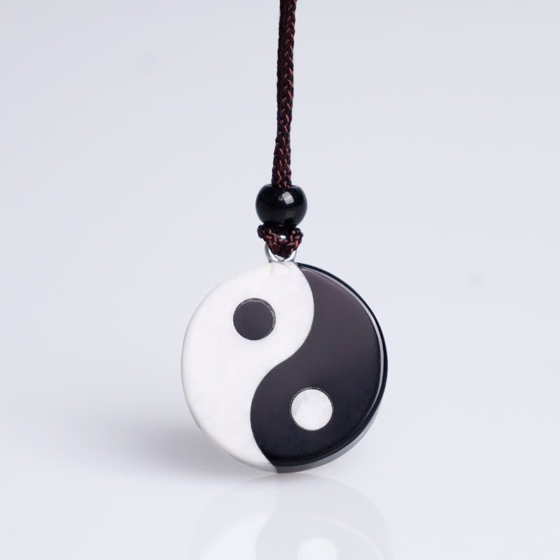 Buddha Stones Natural Black Obsidian White Turquoise Yin Yang Fulfilment Strength Necklace Pendant - image 5