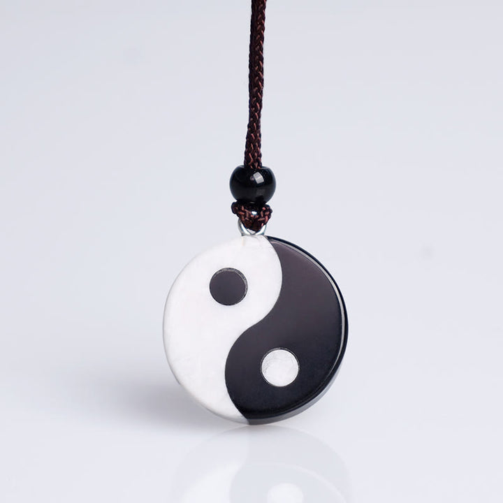 Buddha Stones Natural Black Obsidian White Turquoise Yin Yang Fulfilment Strength Necklace Pendant - image 5
