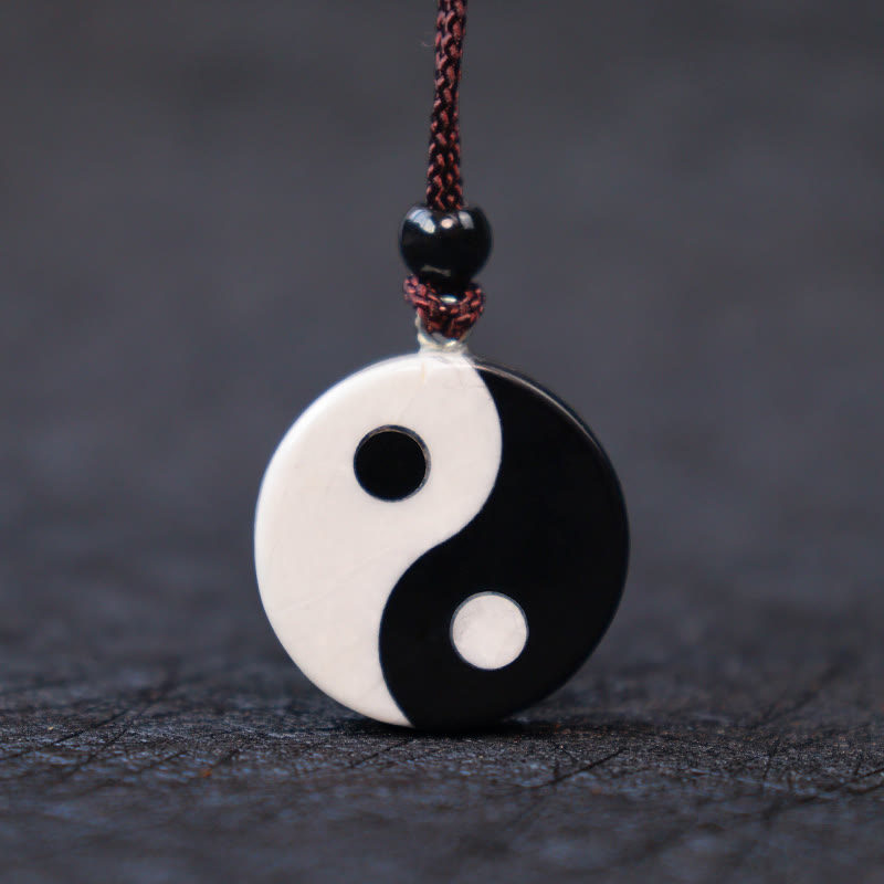 Buddha Stones Natural Black Obsidian White Turquoise Yin Yang Fulfilment Strength Necklace Pendant - image 1