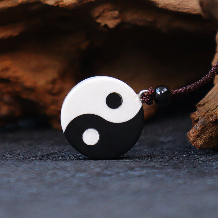 Buddha Stones Natural Black Obsidian White Turquoise Yin Yang Fulfilment Strength Necklace Pendant - image 2
