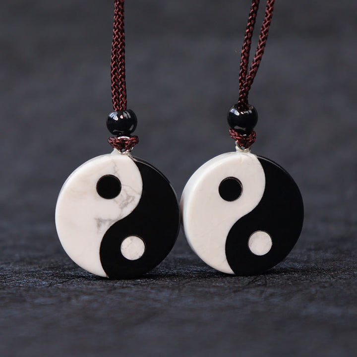 Buddha Stones Natural Black Obsidian White Turquoise Yin Yang Fulfilment Strength Necklace Pendant - image 3
