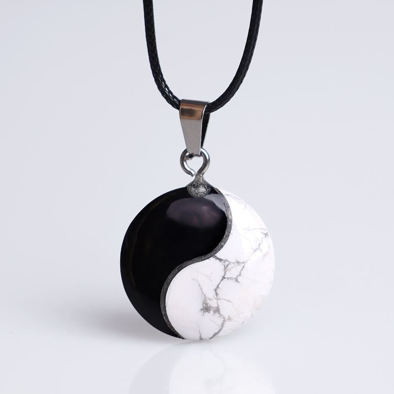 Buddha Stones Natural Black Obsidian White Turquoise Yin Yang Transformation Rope Necklace Pendant - image 2