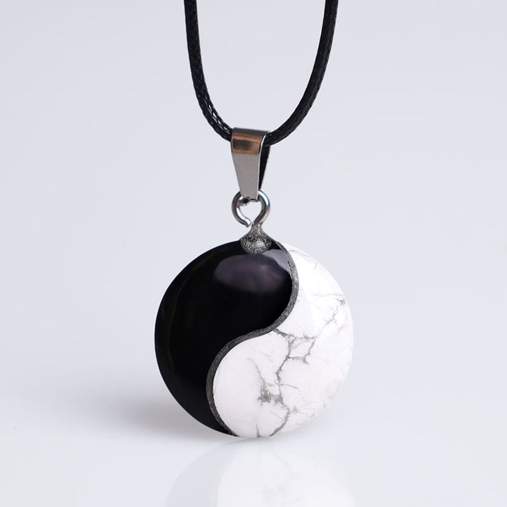 Buddha Stones Natural Black Obsidian White Turquoise Yin Yang Transformation Rope Necklace Pendant - image 2