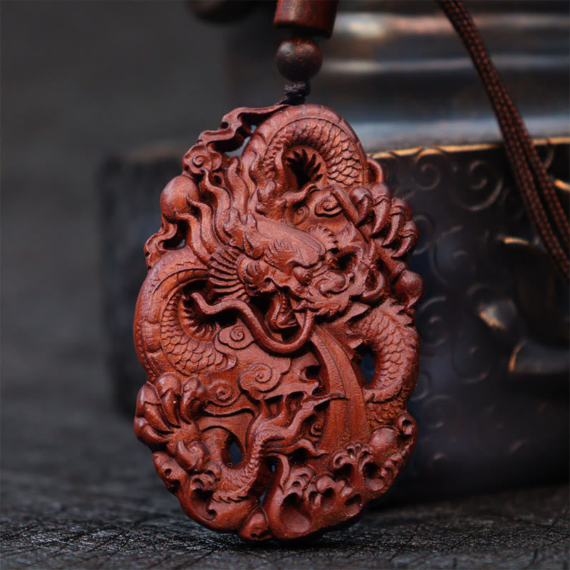 Buddha Stones Lightning Struck Jujube Wood Double Dragon Relief Ward Off Evil Spirits Necklace Pendant - Lightning Struck Jujube Wood(Luck♥Ward Off Evil Spirits) - image 0
