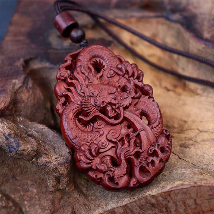 Buddha Stones Lightning Struck Jujube Wood Double Dragon Relief Ward Off Evil Spirits Necklace Pendant - image 3