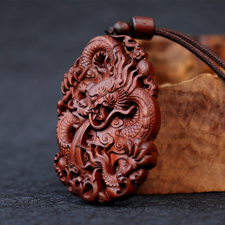 Buddha Stones Lightning Struck Jujube Wood Double Dragon Relief Ward Off Evil Spirits Necklace Pendant - image 2