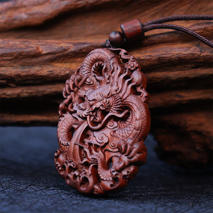 Buddha Stones Lightning Struck Jujube Wood Double Dragon Relief Ward Off Evil Spirits Necklace Pendant - image 5