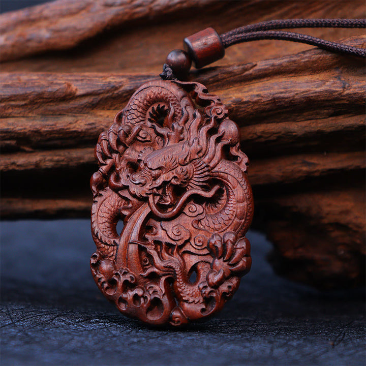 Buddha Stones Lightning Struck Jujube Wood Double Dragon Relief Ward Off Evil Spirits Necklace Pendant - image 4