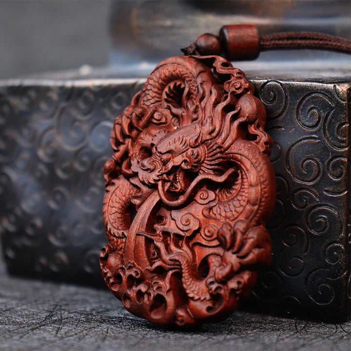 Buddha Stones Lightning Struck Jujube Wood Double Dragon Relief Ward Off Evil Spirits Necklace Pendant - image 1