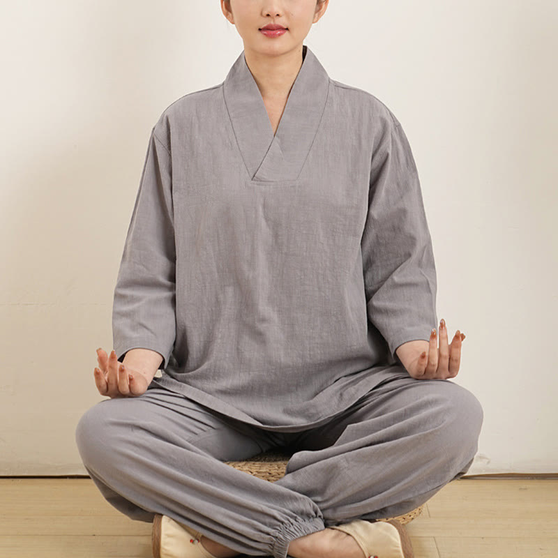 Buddha Stones 2Pcs V-Neck Three Quarter Sleeve Shirt Top Pants Meditation Zen Tai Chi Clothing Women's Set - Gray(Top&Pants) - US12，UK/AU16，EU44 (XL) - image 0