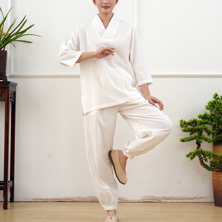 Buddha Stones 2Pcs V-Neck Three Quarter Sleeve Shirt Top Pants Meditation Zen Tai Chi Clothing Women's Set - image 22