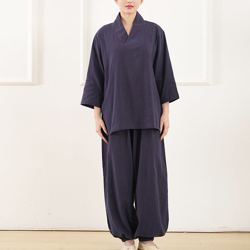 Buddha Stones 2Pcs V-Neck Three Quarter Sleeve Shirt Top Pants Meditation Zen Tai Chi Cotton Linen Clothing Women's Set - image 9