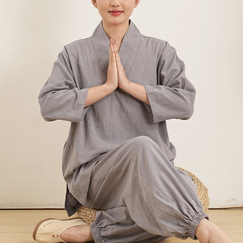 Buddha Stones 2Pcs V-Neck Three Quarter Sleeve Shirt Top Pants Meditation Zen Tai Chi Clothing Women's Set - image 1