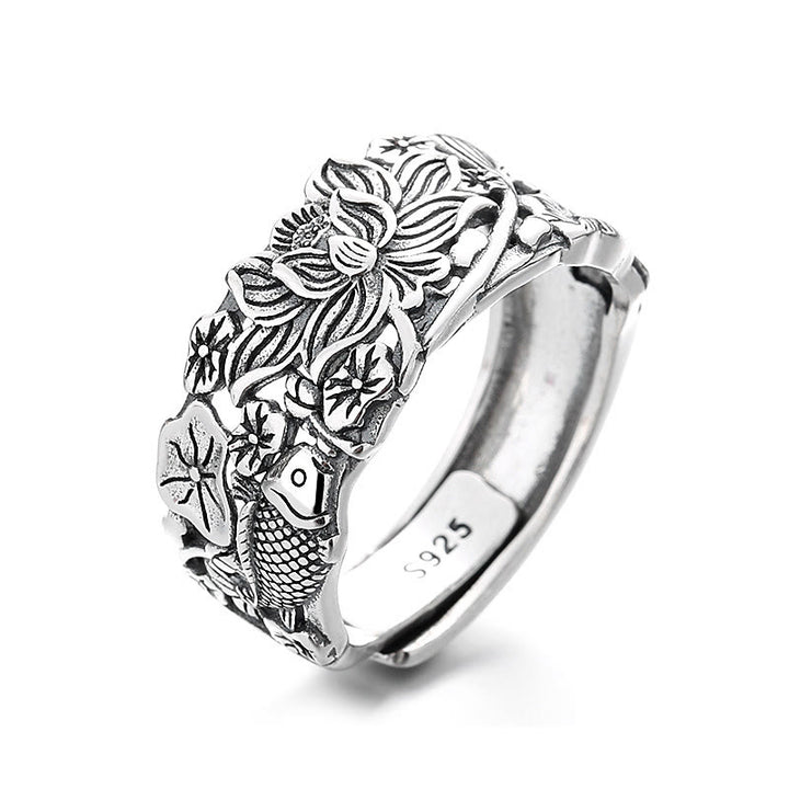 Buddha Stones 925 Sterling Silver Koi Fish Lotus Flower Prosperity Ring - White Lotus Koi Fish About 4.3g(Adjustable) - image 8