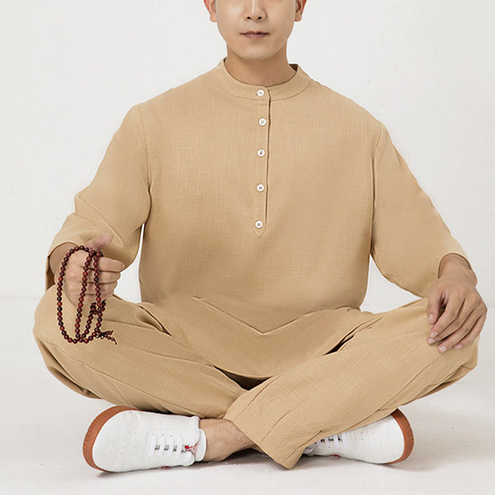 Buddha Stones 2Pcs Buttons Men's Three Quarter Sleeve Shirt Top Pants Meditation Zen Tai Chi Cotton Linen Clothing Set - Brown(Top&Pants) - US/UK/AU40，EU50 (2XL) - image 13