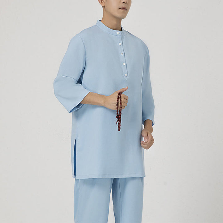 Buddha Stones 2Pcs Buttons Men's Three Quarter Sleeve Shirt Top Pants Meditation Zen Tai Chi Cotton Linen Clothing Set - Blue(Top&Pants) - US/UK/AU40，EU50 (2XL) - image 7