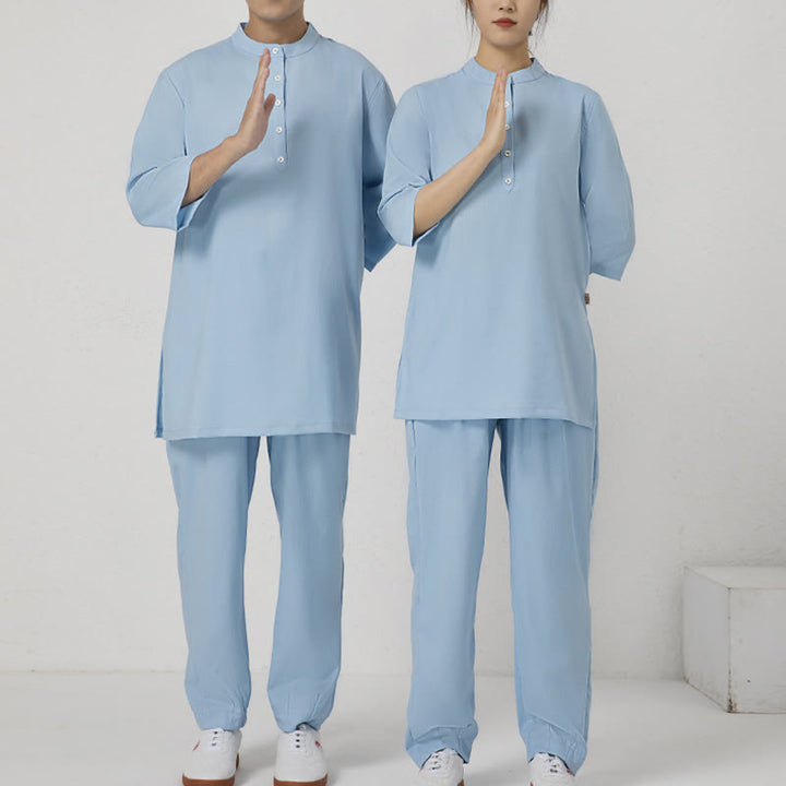 Buddha Stones 2Pcs Buttons Men's Three Quarter Sleeve Shirt Top Pants Meditation Zen Tai Chi Cotton Linen Clothing Set - image 8